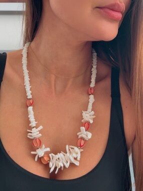 Handcrafted White shell Necklace with Coral Accents